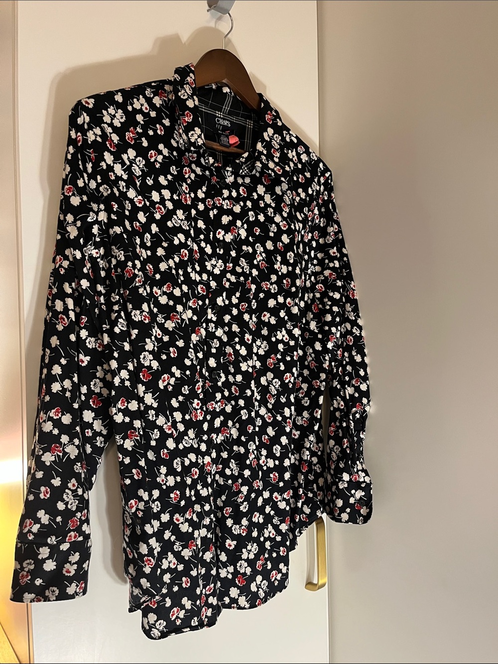 Chaps Black Floral Button-Down Shirt with White and Red Flowers